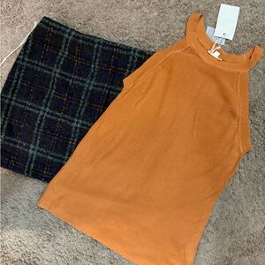 Plaid Dark Blue Mini Skirt and Orange Tank Top Set - Large - New with Tags